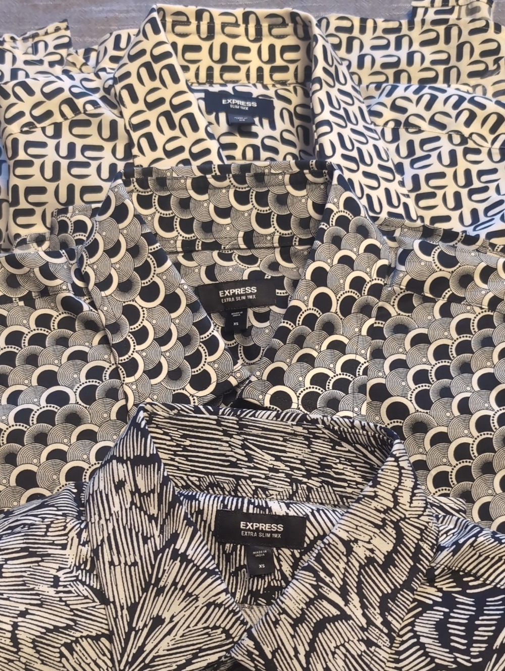 Express Men's Black & White Patterned Button-Down Shirts Trio